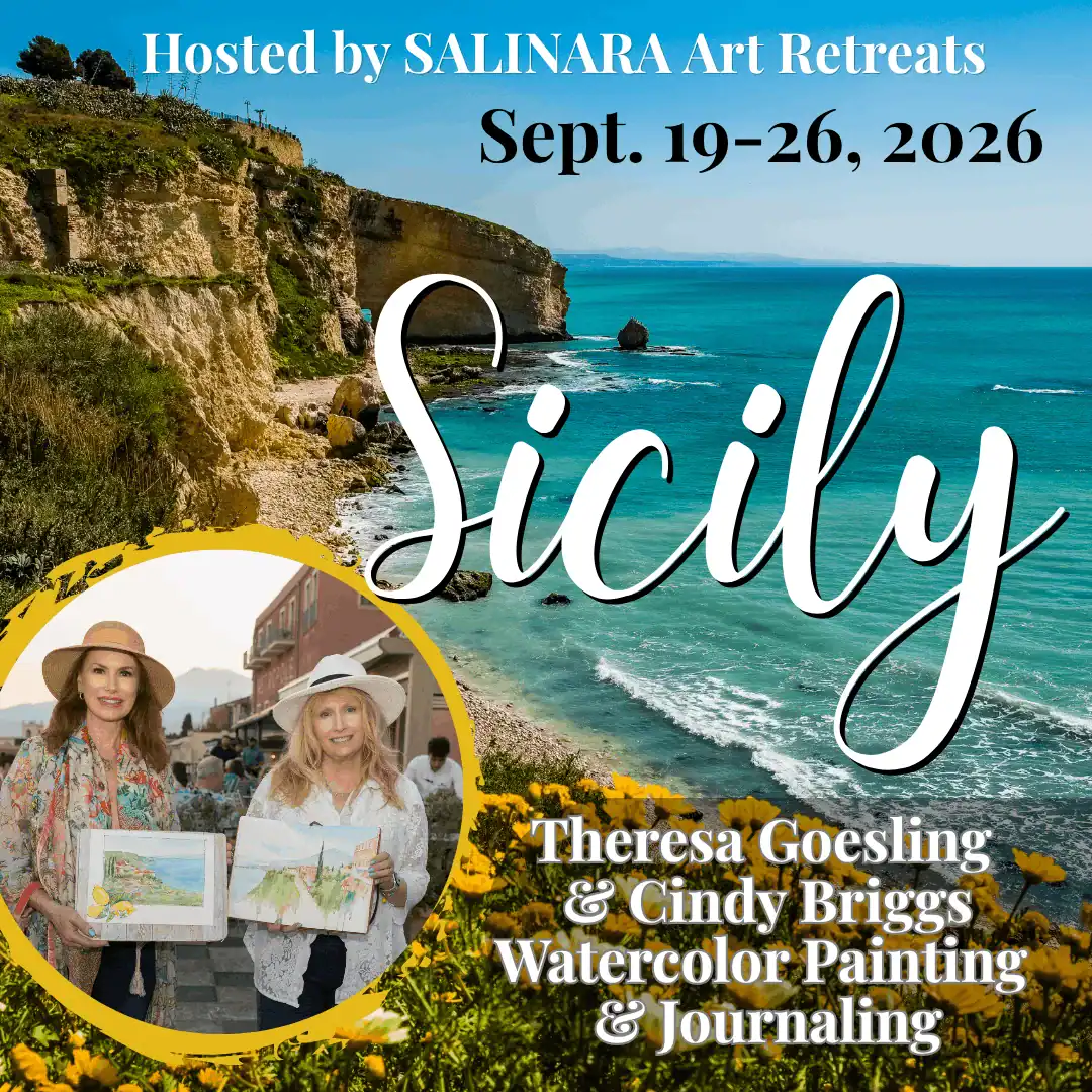 Sicily art retreat poster with coastal scenery and artists Theresa Goesling and Cindy Briggs.