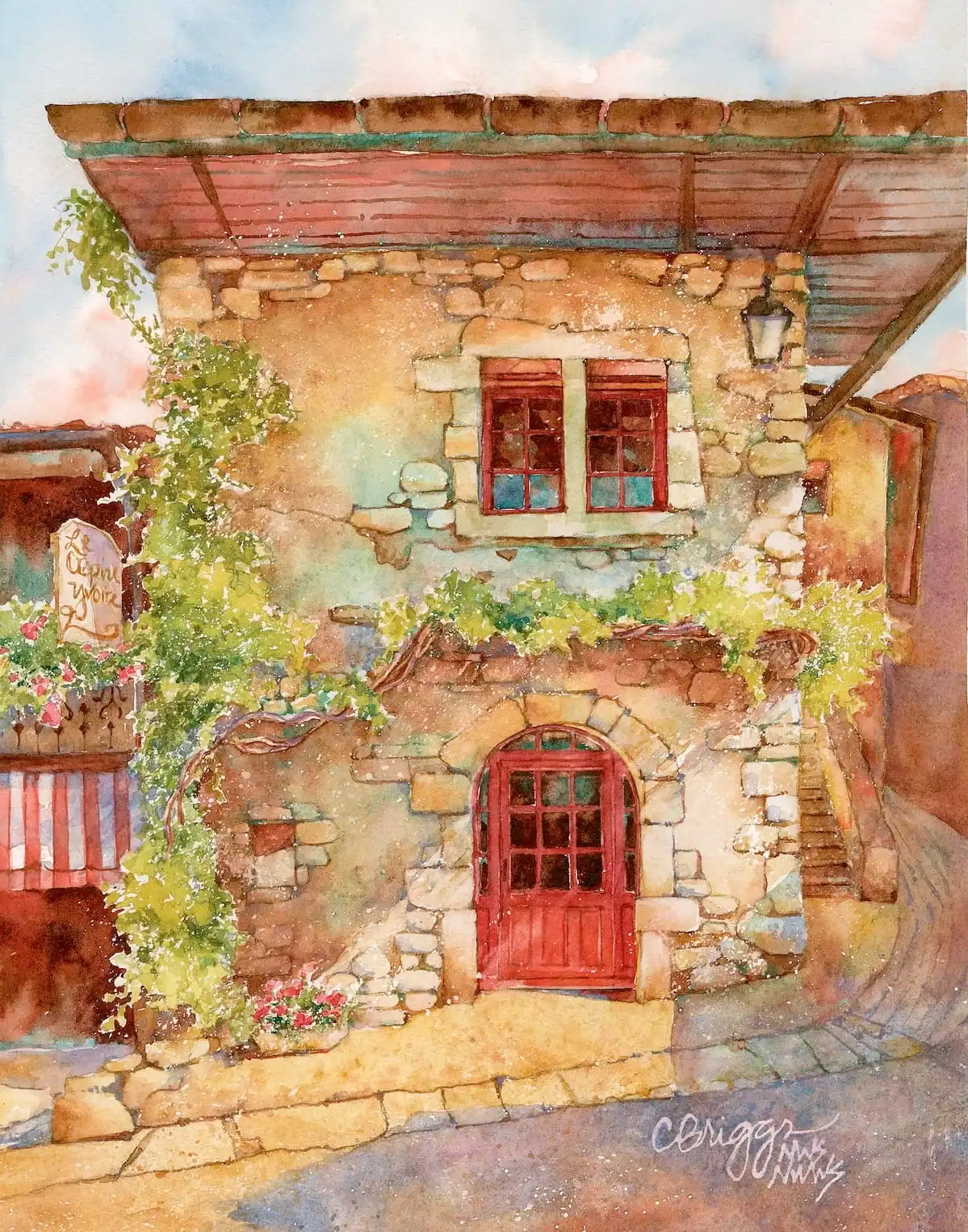 Watercolor of a rustic stone house with red door and window shutters.