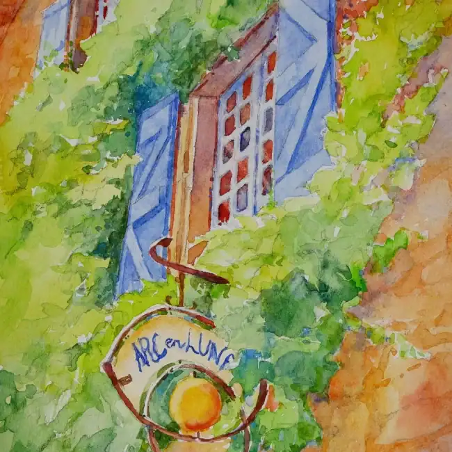 Watercolor painting of a building with blue shutters and a hanging sign reading 'AllerLund'.