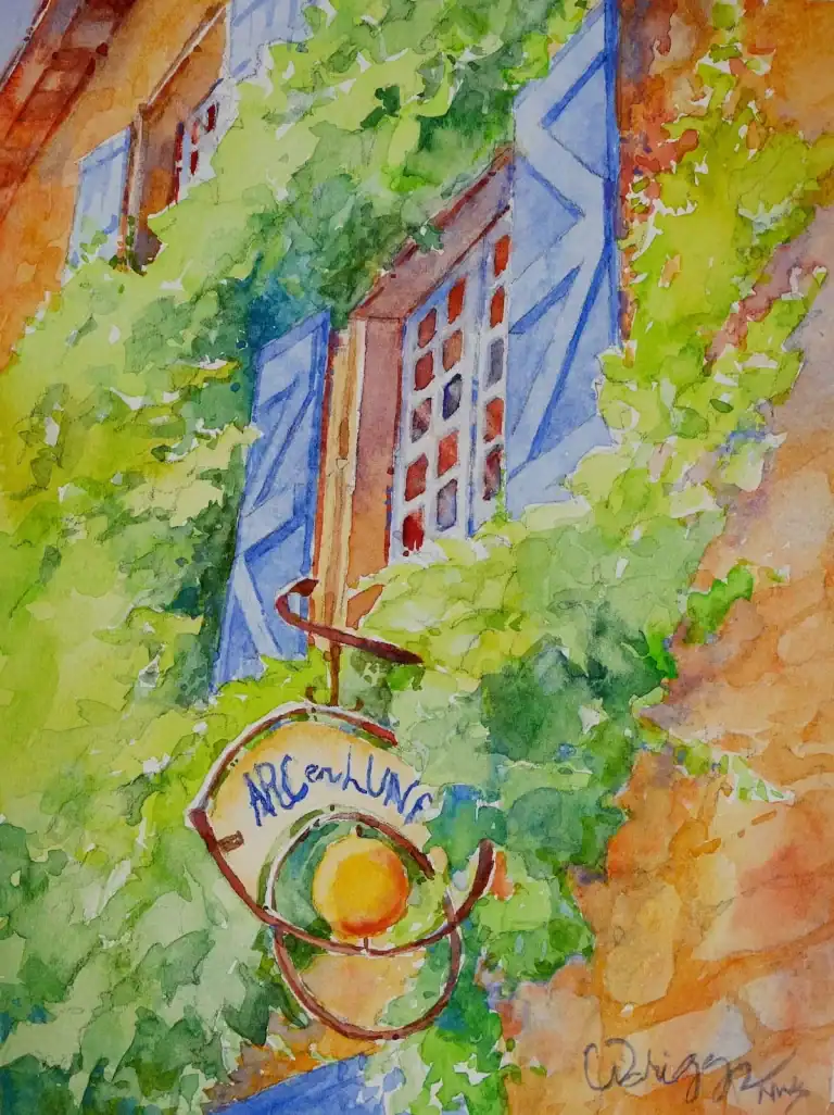 Watercolor painting of a building with blue shutters and a hanging sign reading 'AllerLund'.