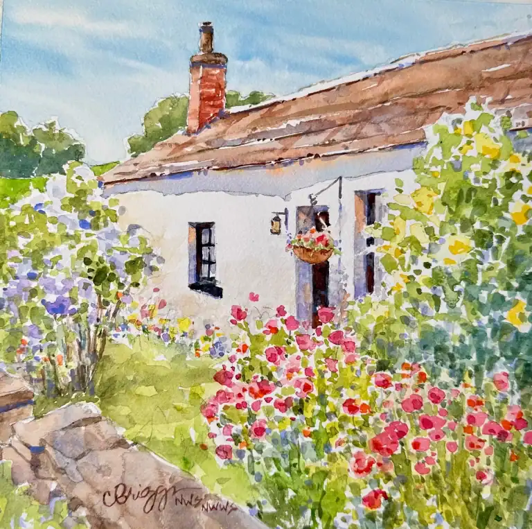 Watercolor painting of a charming cottage with colorful garden flowers and lush greenery.