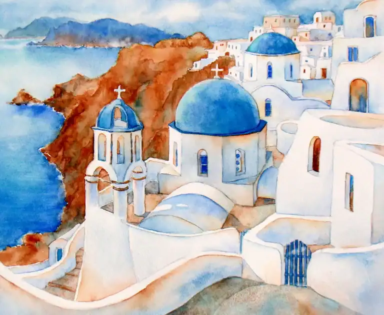 Watercolor of Santorini with white buildings and blue domes overlooking the sea.
