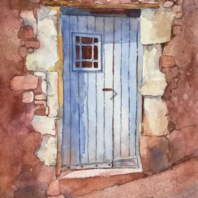 Watercolor painting of a rustic blue wooden door set in a stone wall.