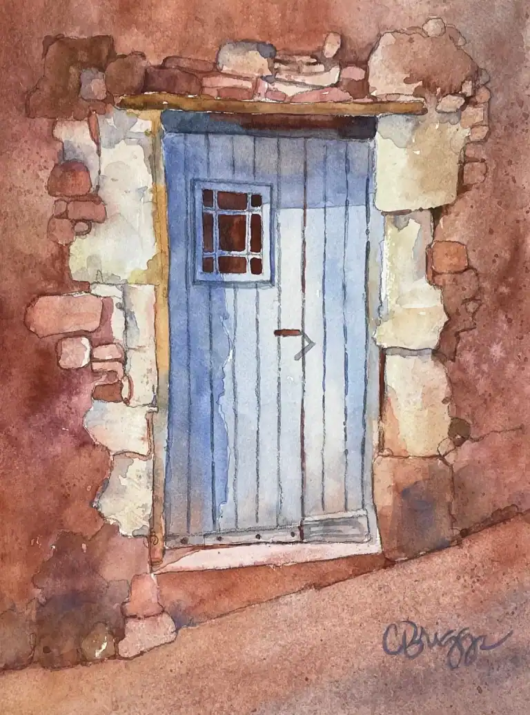 Watercolor painting of a rustic blue wooden door set in a stone wall.