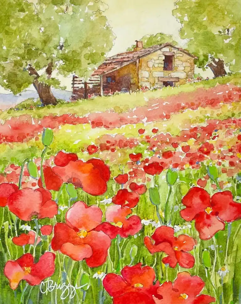 Watercolor painting of a rustic stone cottage surrounded by poppies and trees.