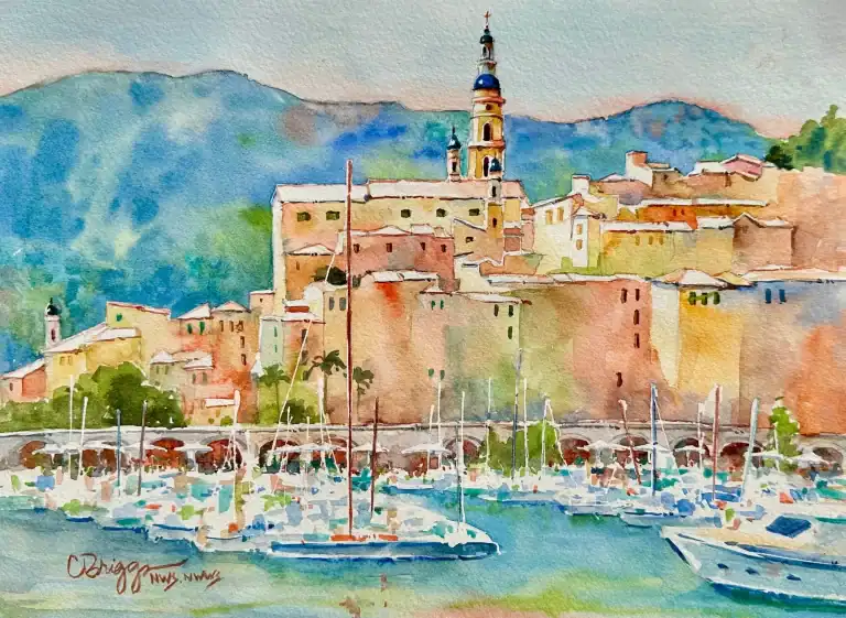 Watercolor painting of a scenic harbor with boats and a historic town backdrop.