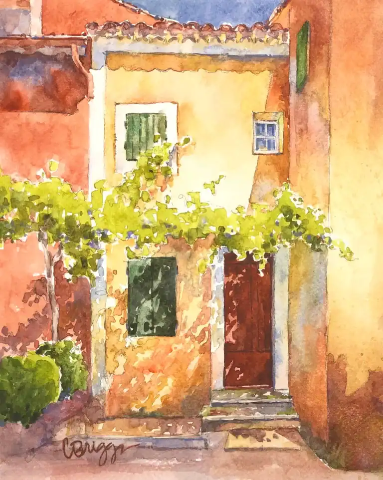 Colorful watercolor painting of a charming house with green vines and windows.