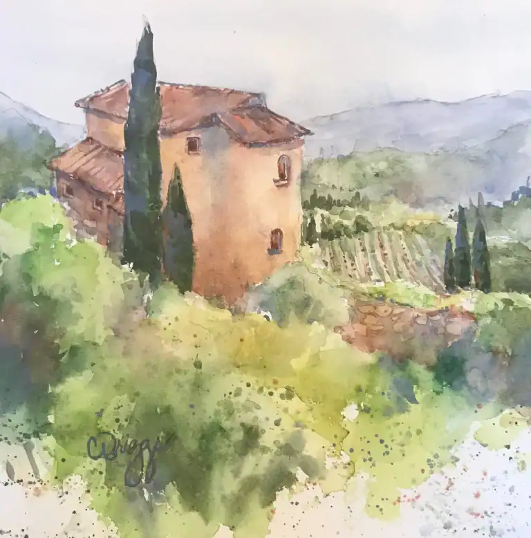 Watercolor painting of a Tuscan villa surrounded by lush greenery and rolling hills.