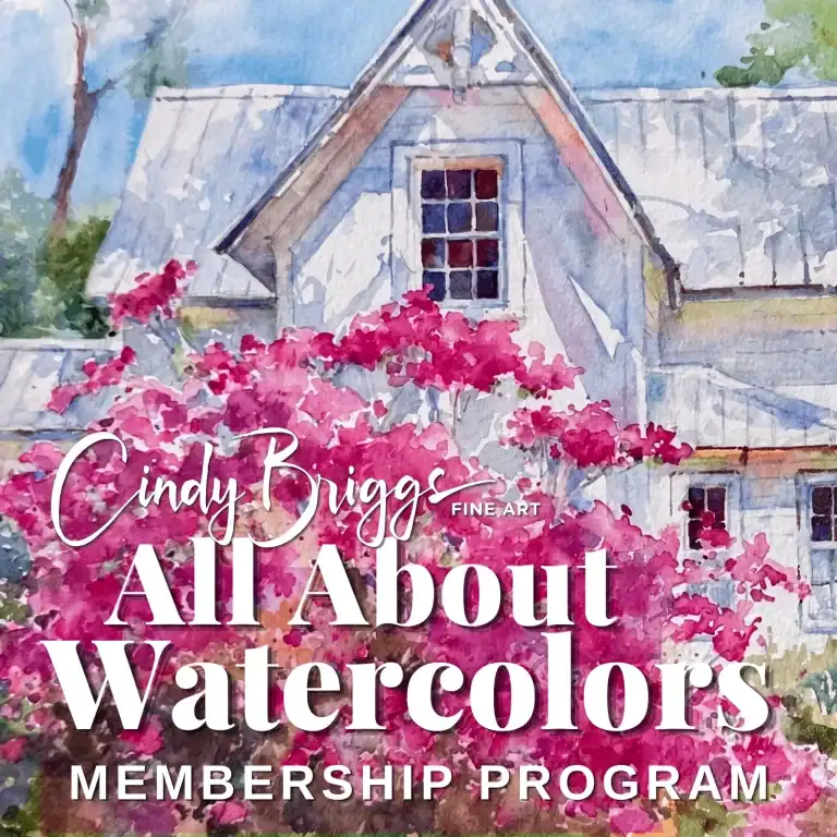 Watercolor painting of a house with pink flowering bushes in front.