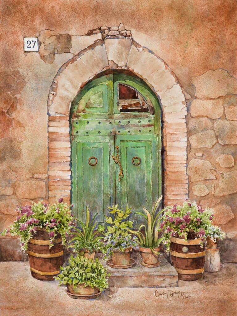 The Poetry of Stonework | Online Watercolor Workshop with Cindy Briggs Cindy Briggs Art Watercolor Painting Vintage green door with potted plants and flowers in rustic setting.
