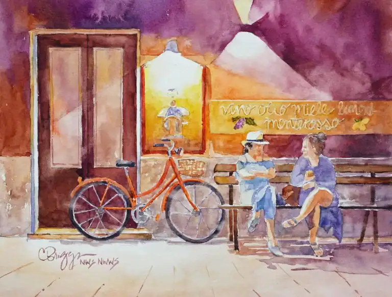 Watercolor painting of two women sitting outside a cafe with a bicycle nearby.