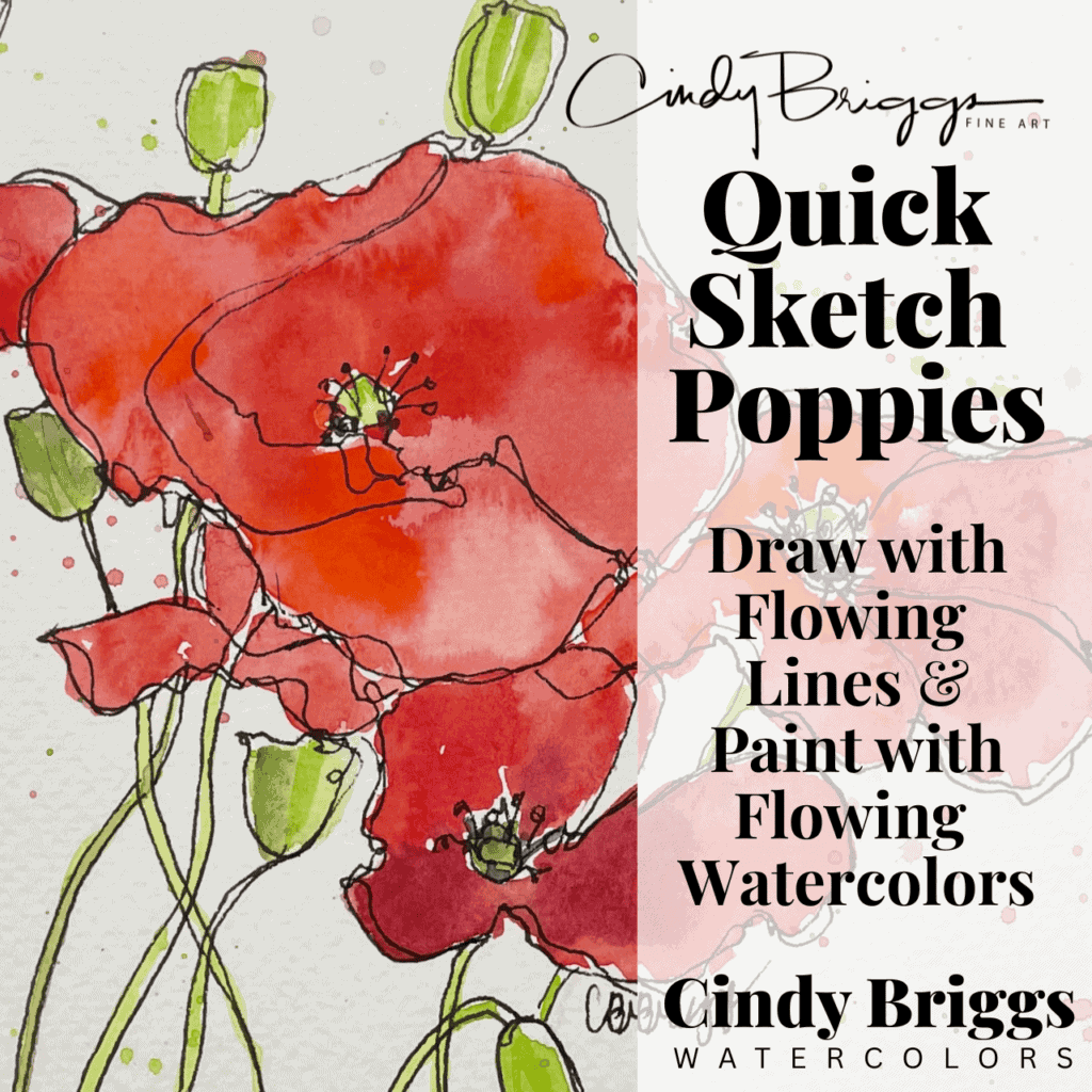 Watercolor illustration of poppies with flowing lines and vibrant colors.