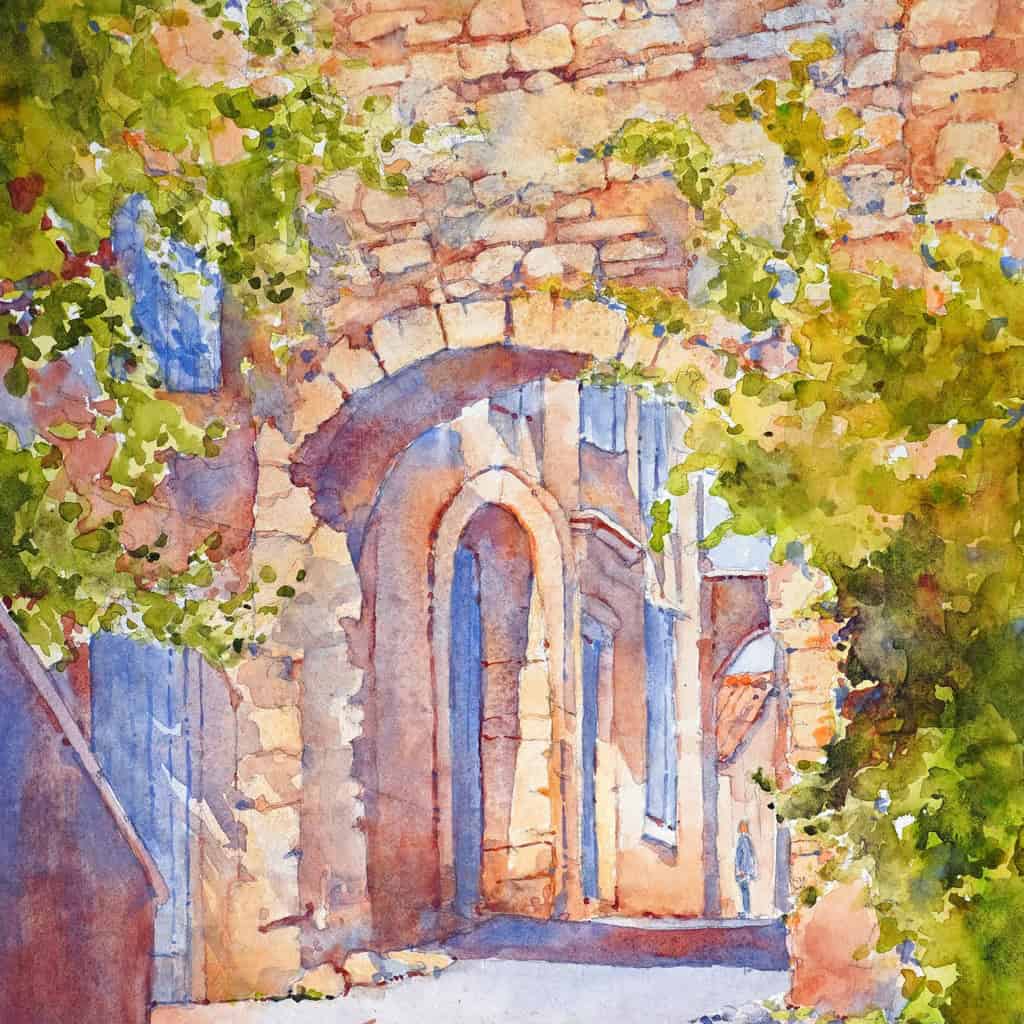 The Poetry of Stonework | Online Watercolor Workshop with Cindy Briggs Cindy Briggs Art Watercolor Painting Watercolor of stone archway surrounded by green vines and foliage.