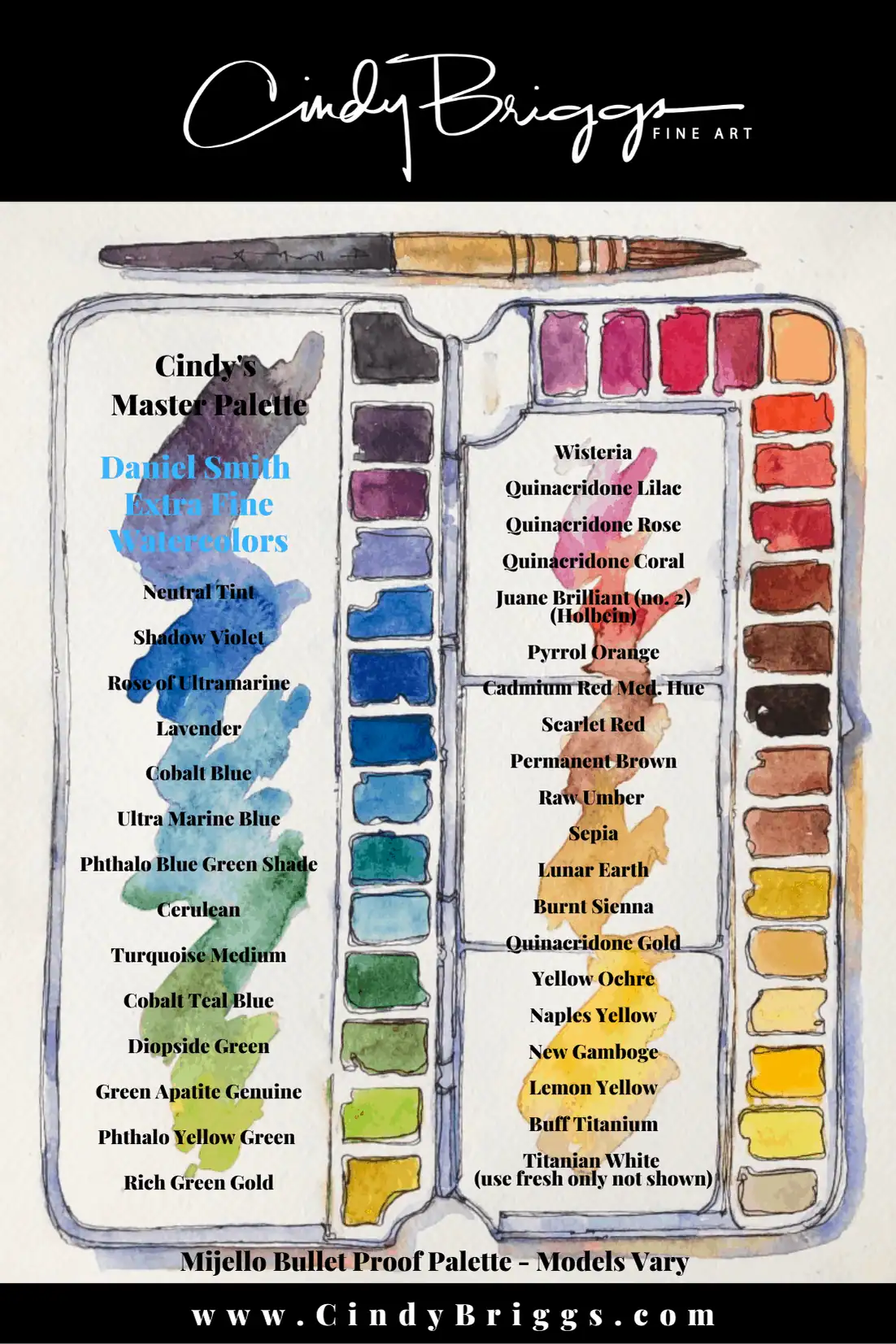 Watercolor palette with various colors for watercolor painting by Cindy Briggs.